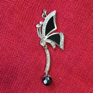 Elegant Vintage Black and Silver Sparkle Butterfly Dangle Pendant